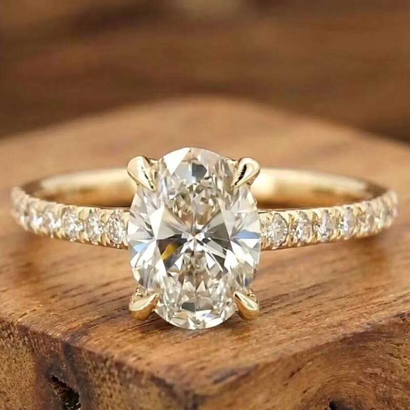 Shea Women's 14K Solid Yellow Gold Cowboy Band Ring, IGI Certified Oval Cut Lab Grown Diamond Pave Setting, Rhodium Plated Synthetic Diamond We