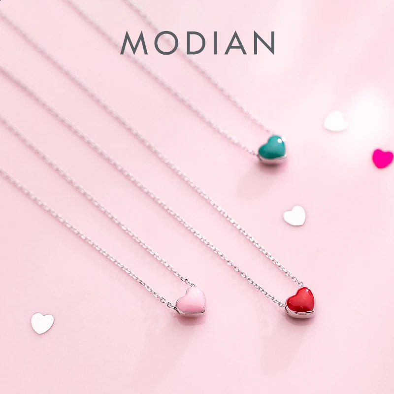 Modian 925 Sterling Silver Red Pink Green Enamel Hearts Pendant Necklace for Women Statement Fine Silver Jewelry Collar 260424
