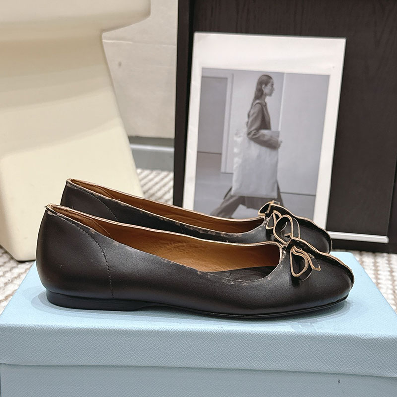 Ladies Antiqued Leather Ballerinas Designer Mary Jane Shoes 1F480 Womens Round Head Flat Shoes Bow Kitten With Calfskin Genuine Leather Outsole Size
