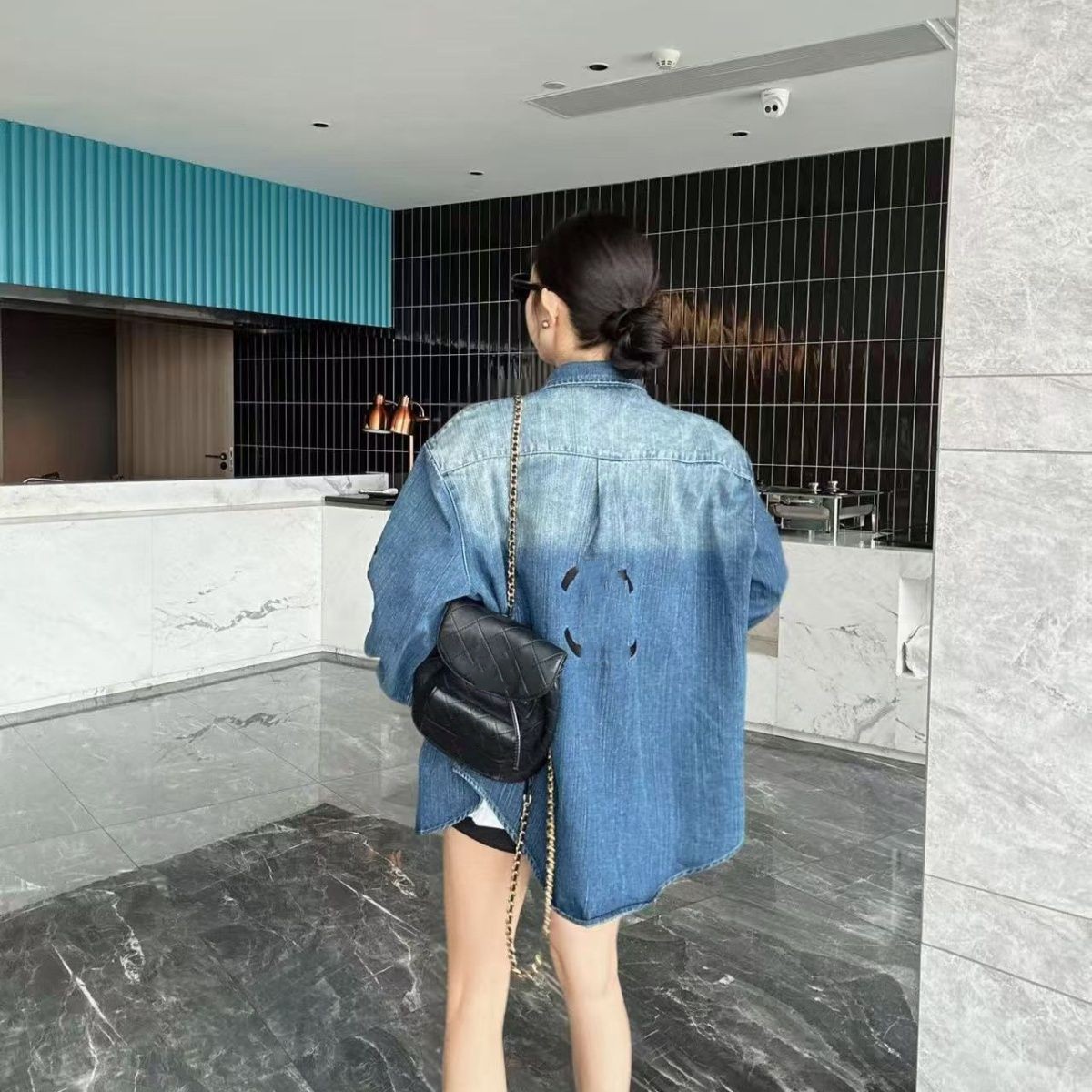 Women fashion designer loose casual denim jeans logo letter print gradient color jackets SMLXL
