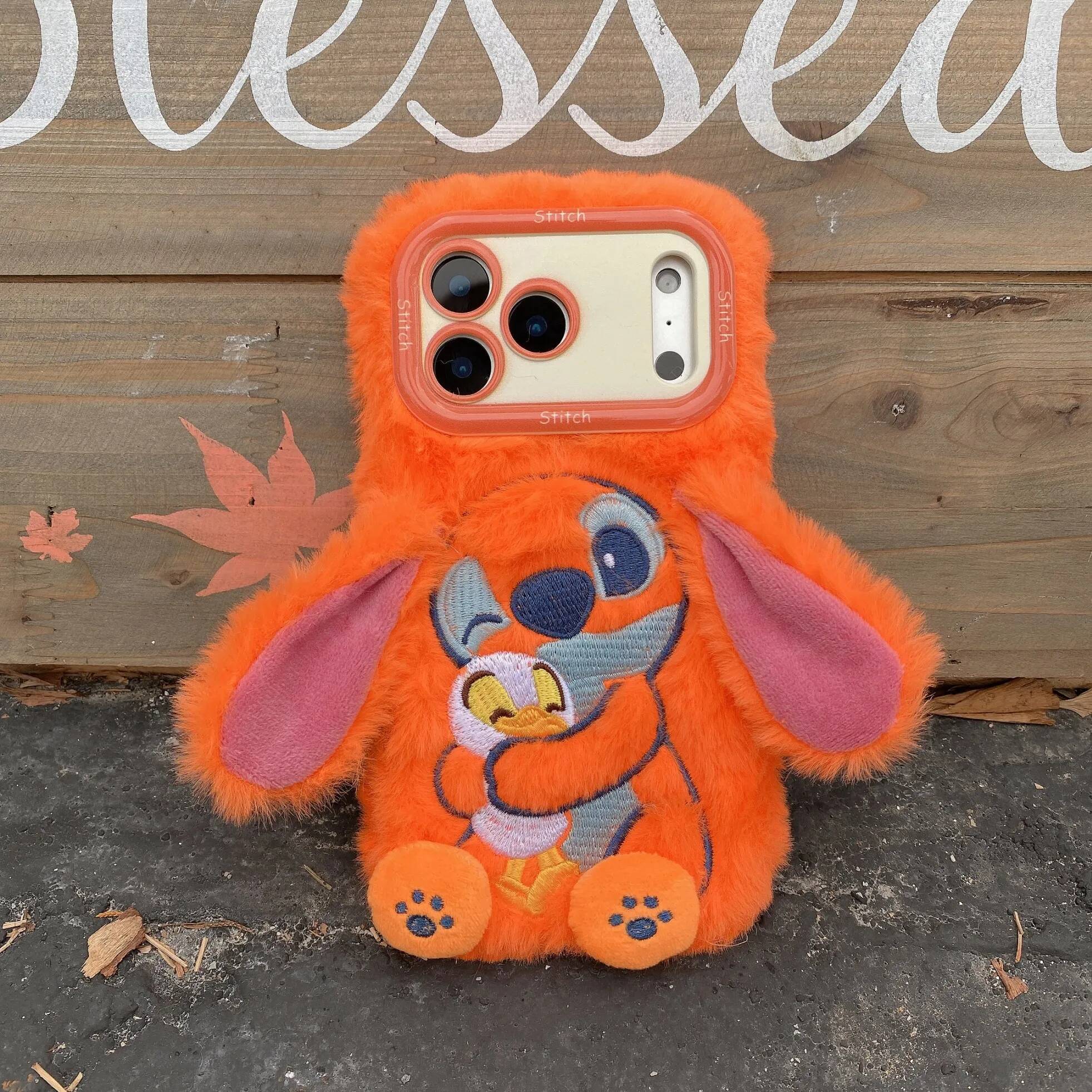 3D Cute Cartoon Stitch with Bracket Suitable for iPhone 17Air 17 16 15 14 13 12 11 Promax Plush Phone Case