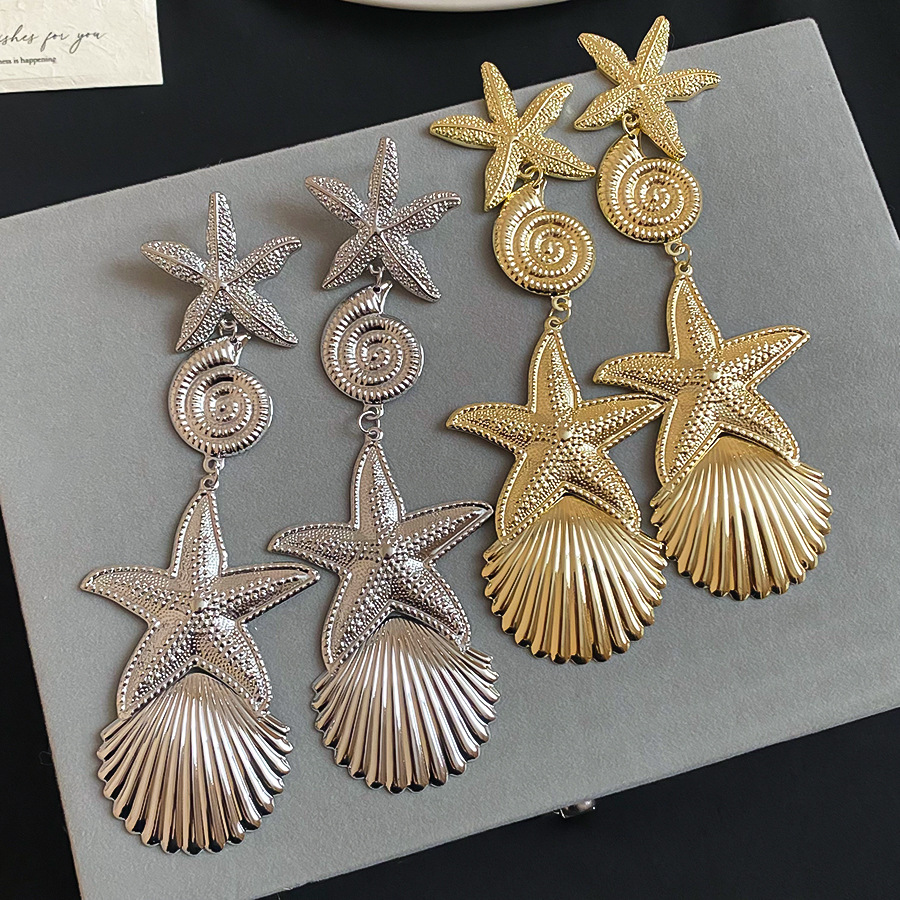 Silver needle European American ocean metal style star conch elegant exaggerated high-end earrings, unique and fashionable ear accessories-image-1103743576