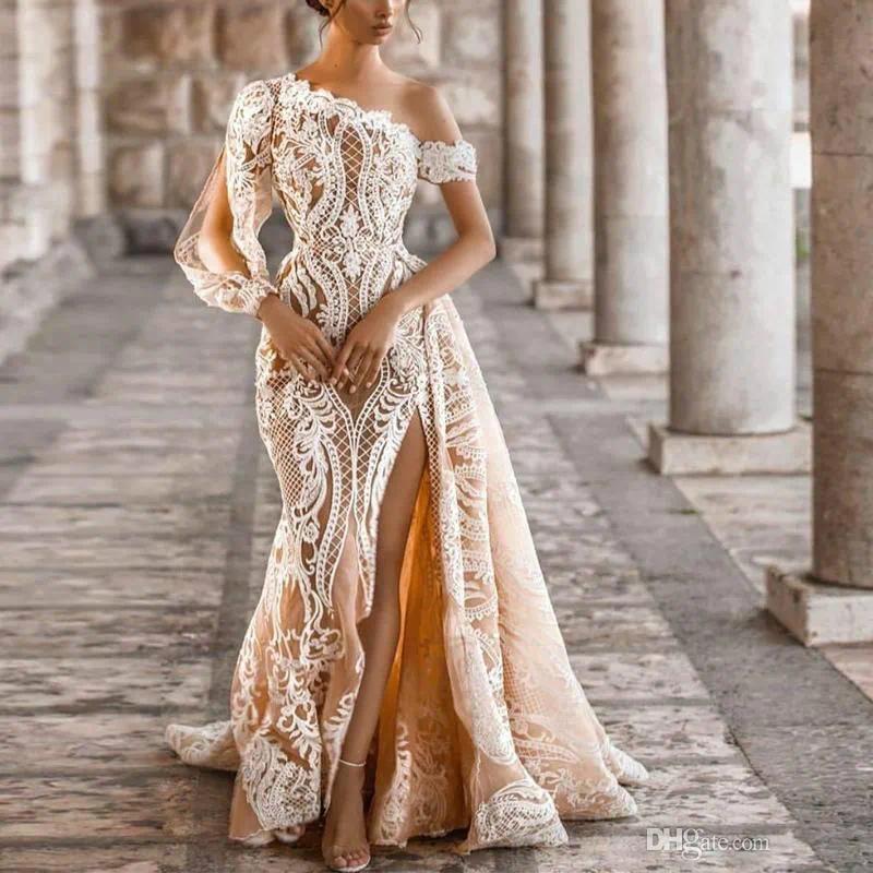 Elegant Mermaid A-line Wedding Dress Champagne One Shoulder Thigh Slit Long Sleeved Lace Applique Vest De Novia Bridal Gown