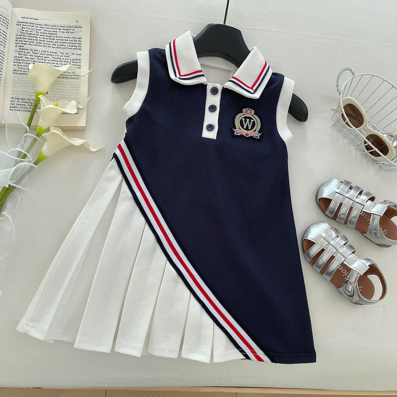 Kids Clothes 2026 New Children's Summer Dresses Western College Style Princess Dresses Girls Sleeveless Turn-down Collar White Big Bowknot P-image-1103765567