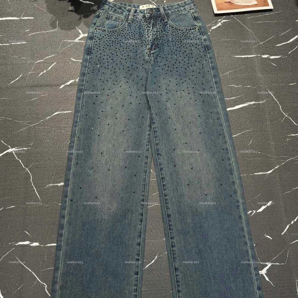 Classics women jeans heavy-duty girls pants designer clothing Pearl embellishment ladies straight-leg pants A229X05N000-image-1103800940