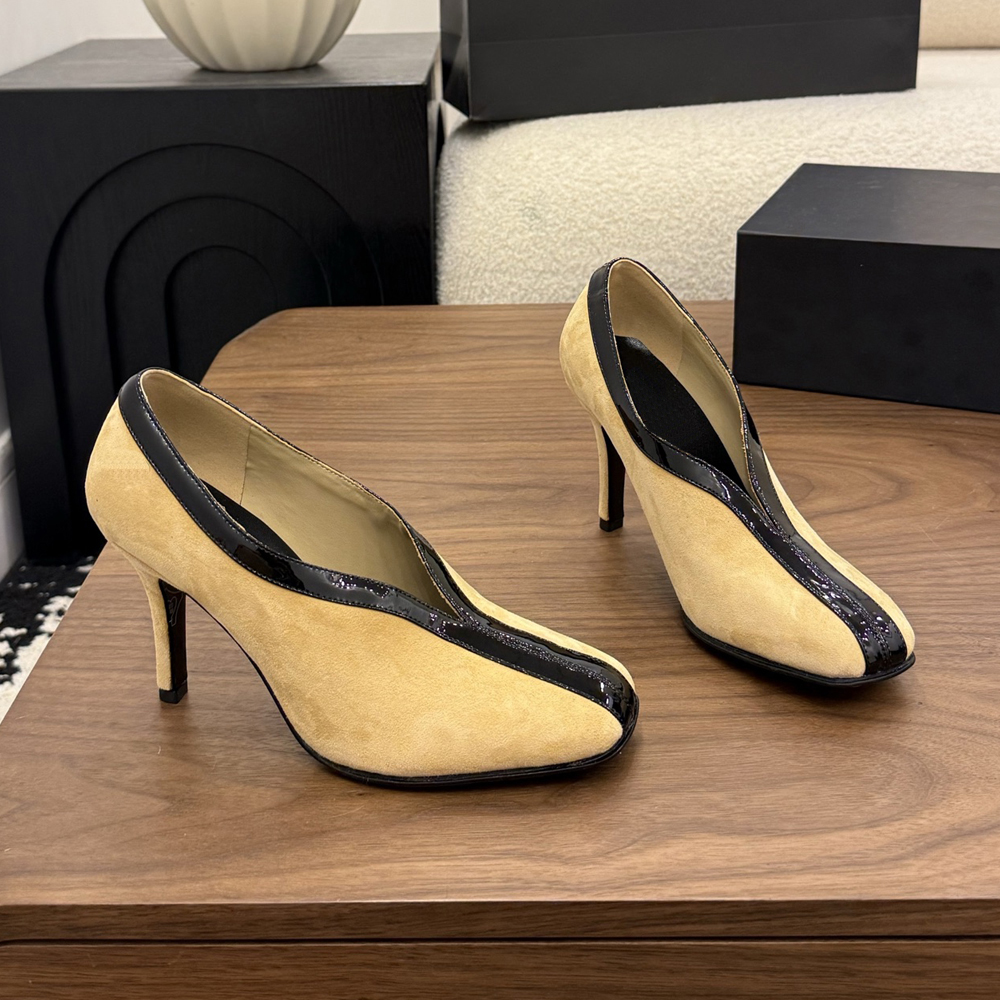 Women Suede Patent Leather High Heel Pumps Elegant V-Cut Square Toe Stiletto Heel Shoes Two-Tone Slip-On Heels for Office Work Daily Wear 35-41