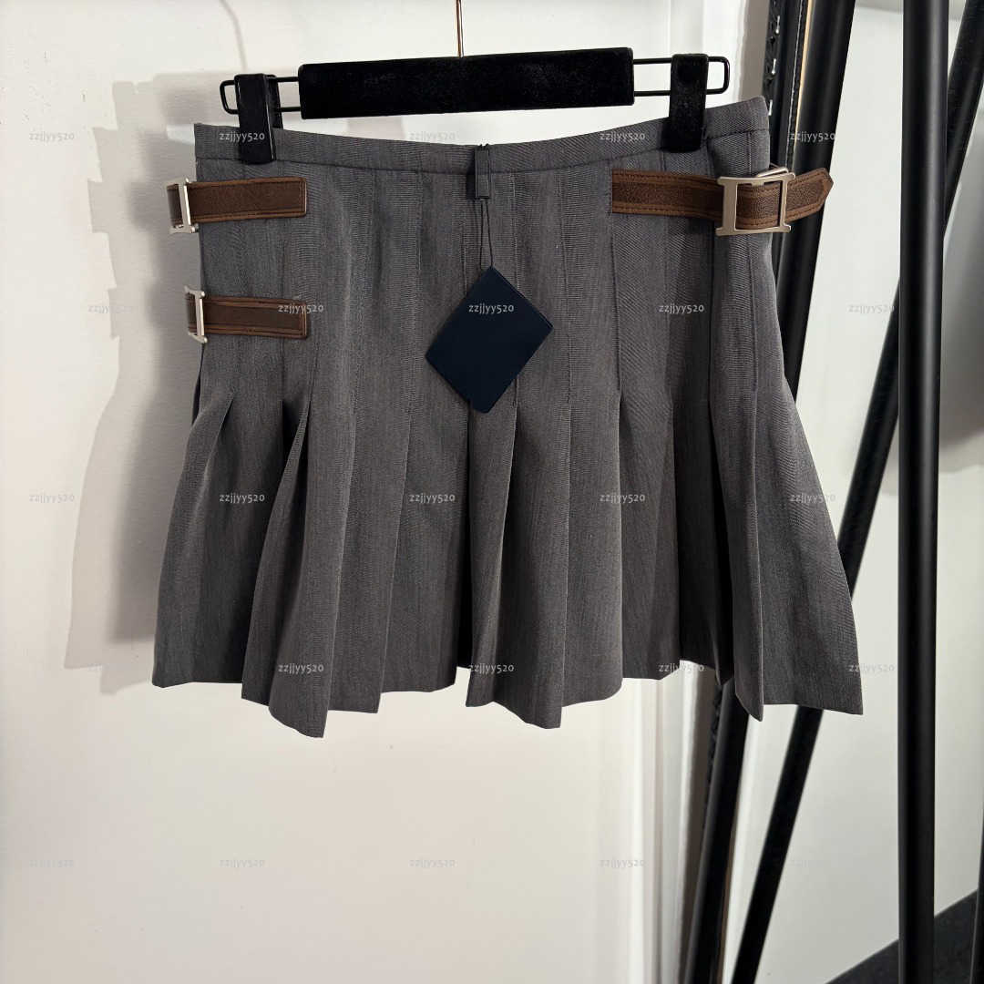 Brand preppy style women dress Summer lady dresses women designer clothes side leather buckle high waist pleated short skirt A084X02N083-image-1103784498