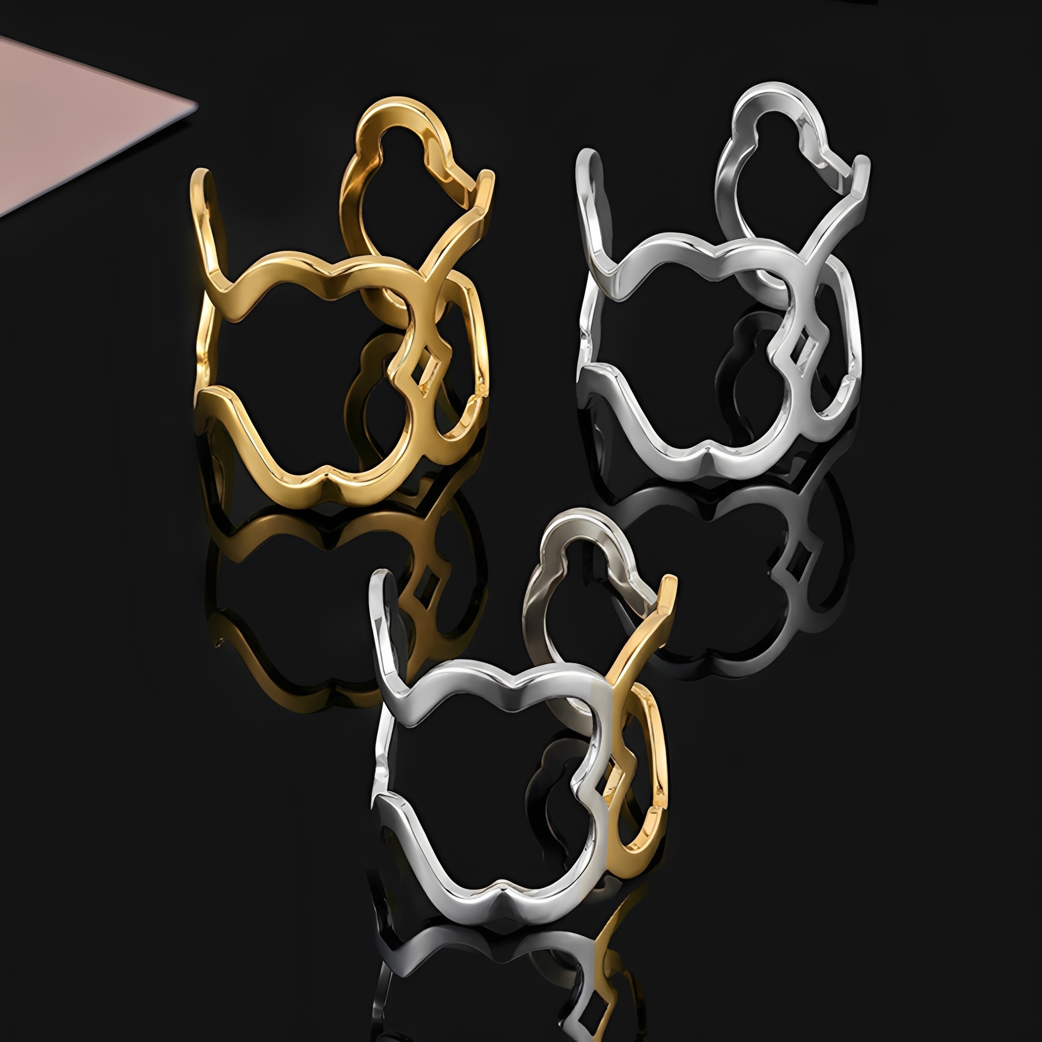 Fashion Women Men Girls Silver Gold Stainless Steel Span Bear Cartoon Animal Letter Big Bangle Open Hollow Bracelets Jewelry Pulserar A Gift-image-1103808059