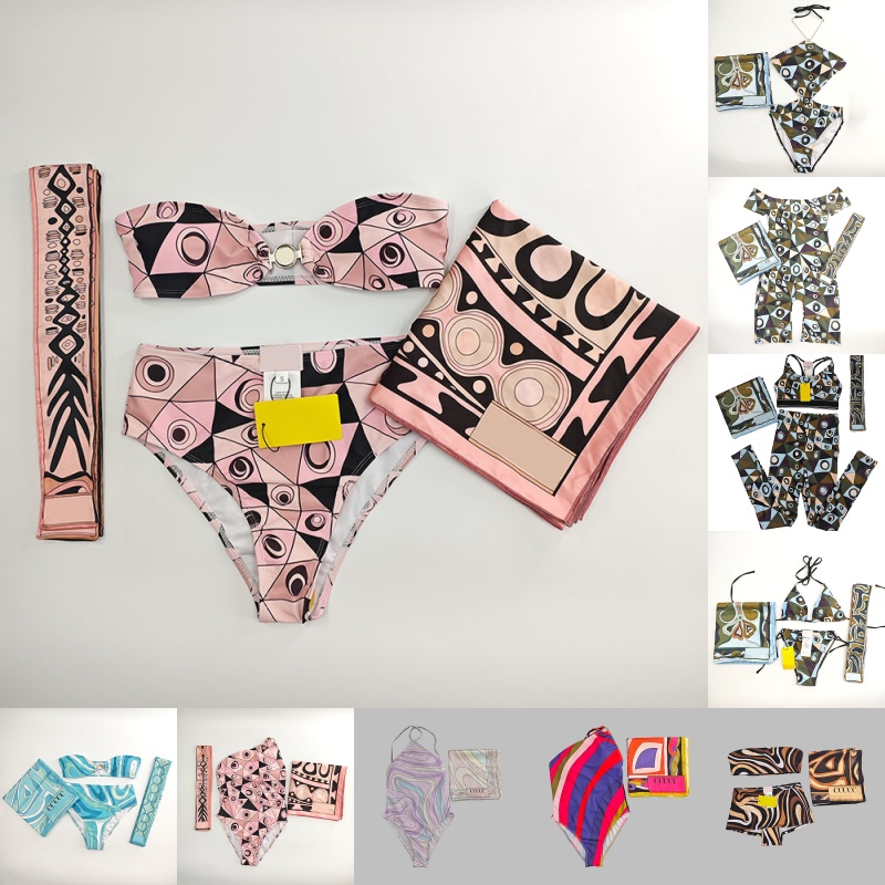 Color Blocked Print Beach Bra Briefs Headband Scarf Designer Women Summer Vacation Pool Party Resort Outfit Split Halter Bikinis Swimsuit Sarong-image-709526431