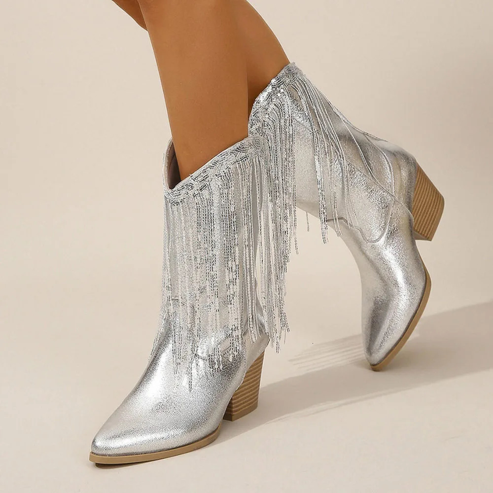 Womens Fringed Cowgirl Boots Concert Western Boot Spring Summer Vintage Cowboy Boots for Women Pointed Toe Mid-calf Boots 260427BJ