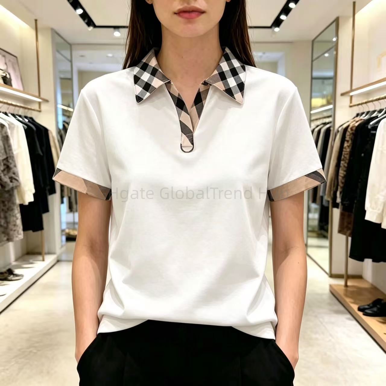 women designer clothes polo Women's Plaid Collar Polo Shirt, Short Sleeve V-Neck Cotton Top, Casual Slim Fit Blouse for Beach Vacation, Office