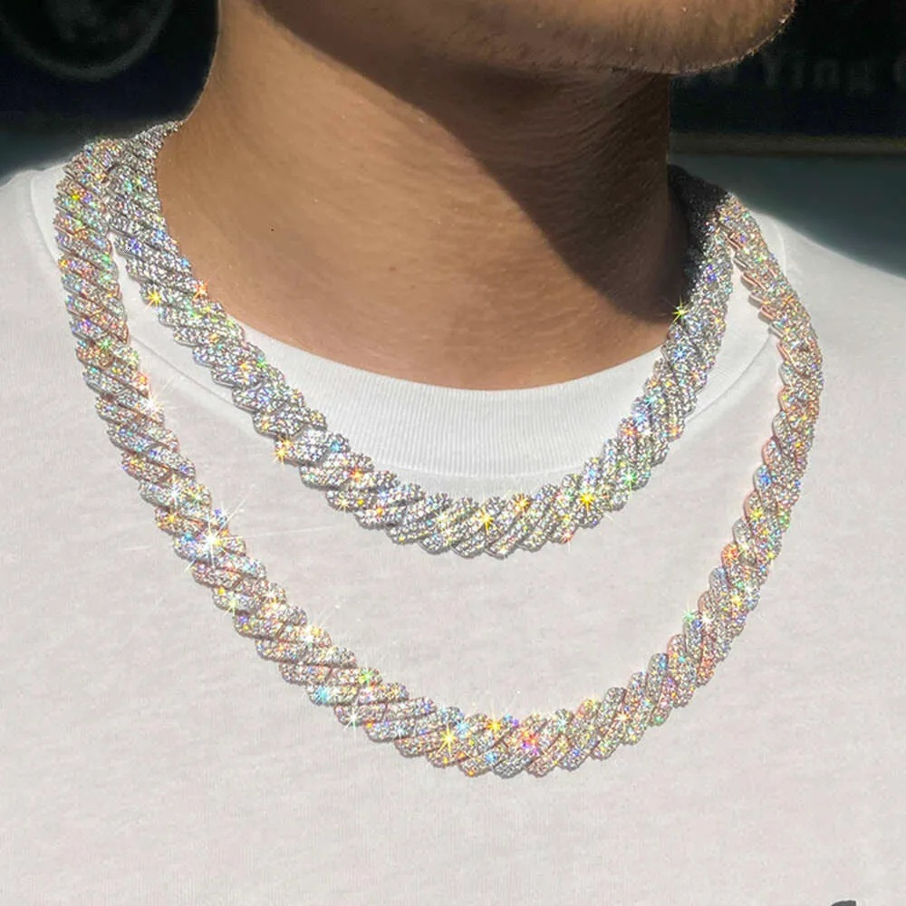 pass tester fashion luxury gra moissanite diamond 8mm-20mm wide 2rows solid sier cuban link chain for rapper hip hop necklace gift accessories