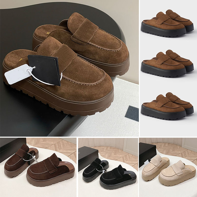 Designer Mules For Womens Retro Casual Dark Brown Thick Sole Nubuck Flatform Mules Metal Geometric Shape Of Shoe Upper Decoration Loungewear Effortl