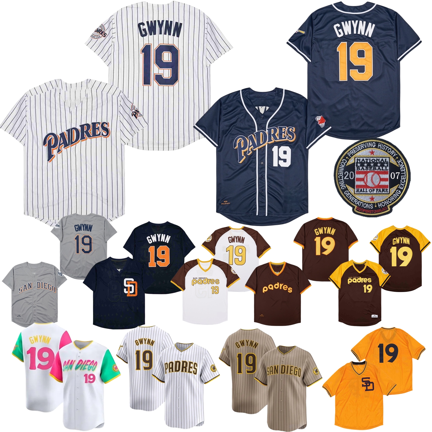 Tony Gwynn Jersey Vintage 1978 1982 Pull 1999 Gris Marine Blanc Bouton à fines rayures 2007 Hall of Fame Patch Mesh BP