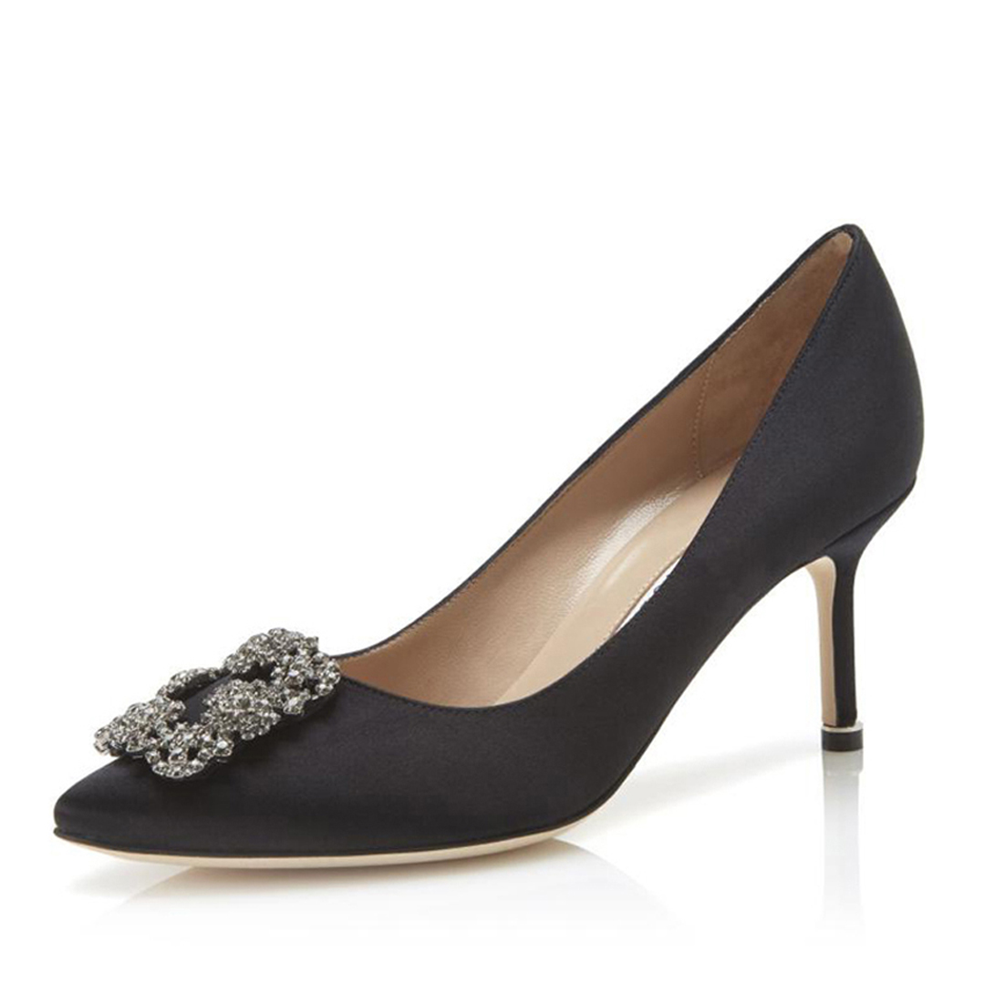 Top Trendy Ladies Sandals Pumps HANGISI 70 mm Black White Satin Jewel Buckle Embellished High Heel Italy Popular Pointed Toe Designer Evening Dress