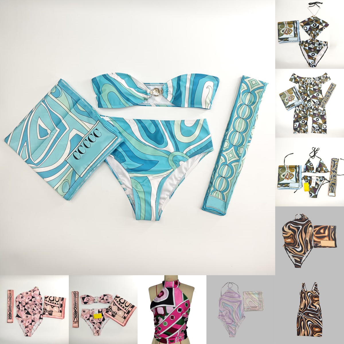 Designer Prints Scarf Headband Bra Briefs Luxury Women Split Strapless Bikinis Swimwear Summer Beach Vacation Pool Party Swimsuits-image-761799755