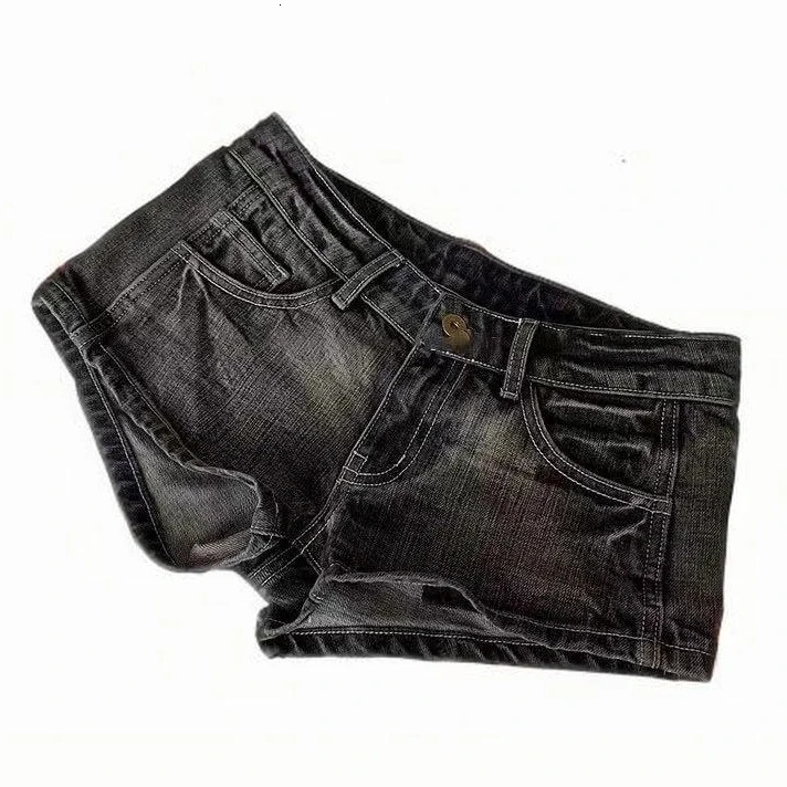 Grey Denim Slim Low Waist Shorts for Women, Retro Skinny Pocket Casual Vintage Shorts