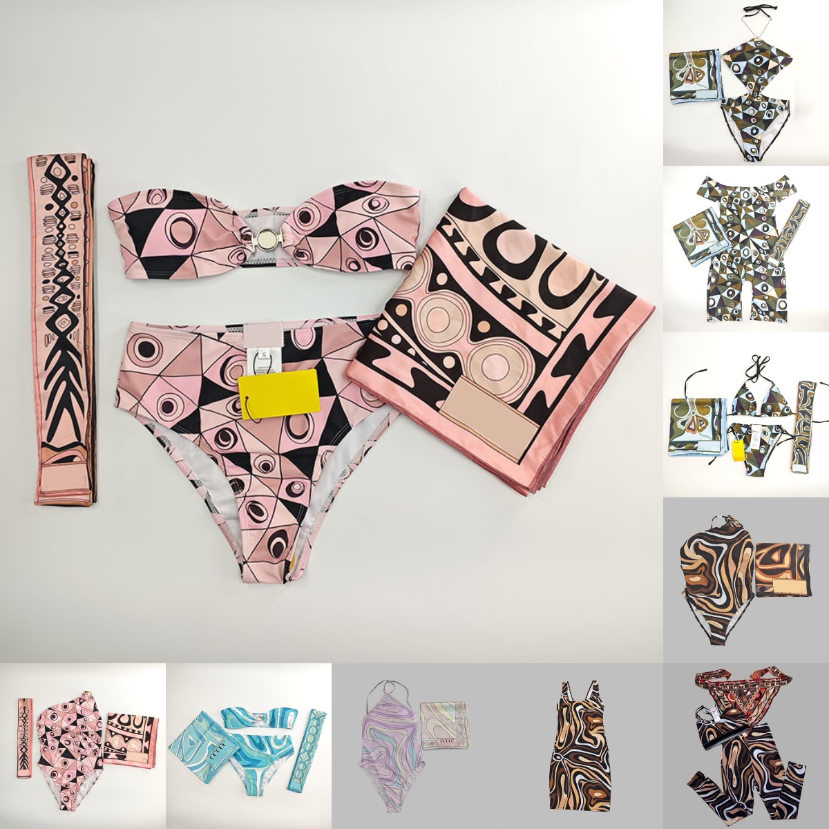 Brand Mixed Prints Beach Bra Briefs Headband Scarf Designer Women Summer Vacation Pool Party Resort Outfit Split Halter Bikinis Swimsuit Sarong $46