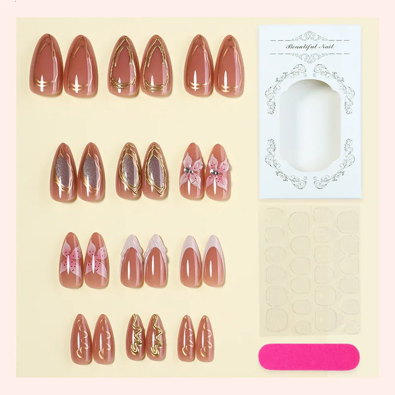 Almond 24Pcs Press French On Nails 3D Gold Foil n High Quality Handmade False Nails for Women 260427 M260805