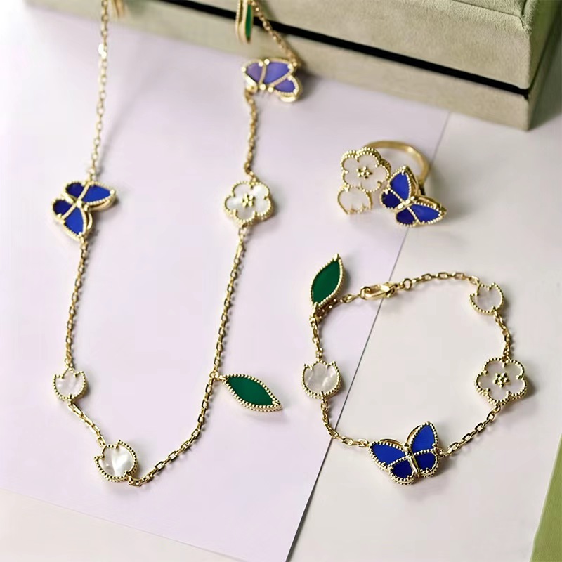 Clover Bracelet Set Fashionable Blue Butterfly Necklace Ring Luxurious Stainless Steel High Quality Designer Jewelry-image-1103774895