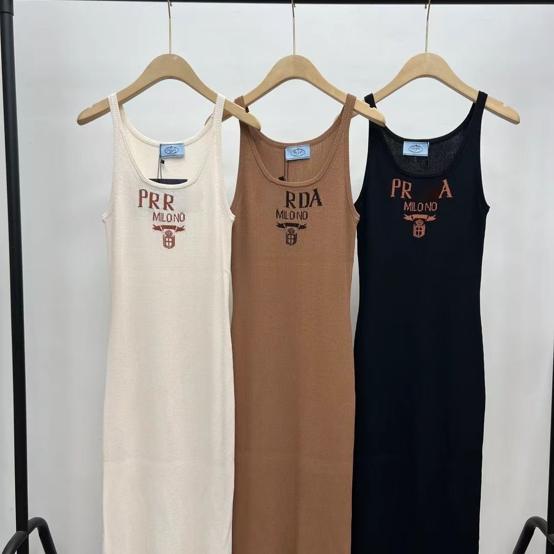 PRA Triangle Designer Dress Spring Dress For Women Ribbed Knit Tank Dress Sleeveless Slim Fit Bodycon Maxi Dress Letter Print Summer Casual Long-image-1103785890