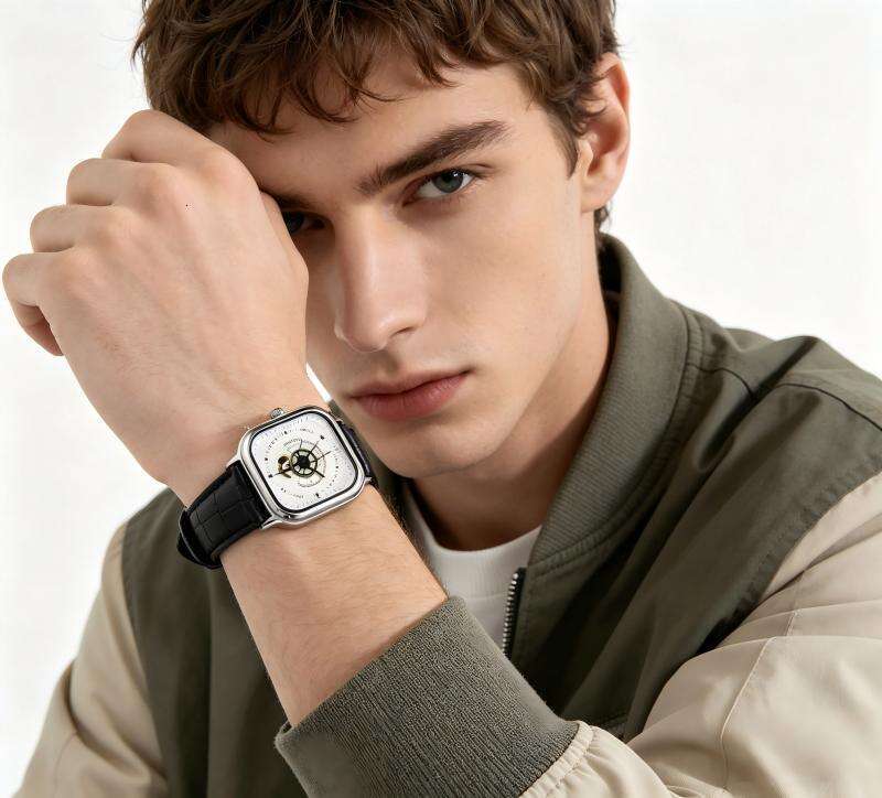 Men's Automatic Mechanical Watch Square White Dial Genuine Leather Strap Luxury Business Casual Wristwatch for Daily Work