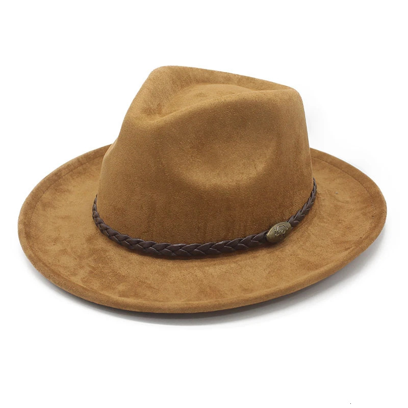 Vintage Polyester fiber Fedora Hat Men Women Wide Brim Western Cowboy Hat Braided Leather Band Classic Retro Outdoor Jazz Cap 260427BJ