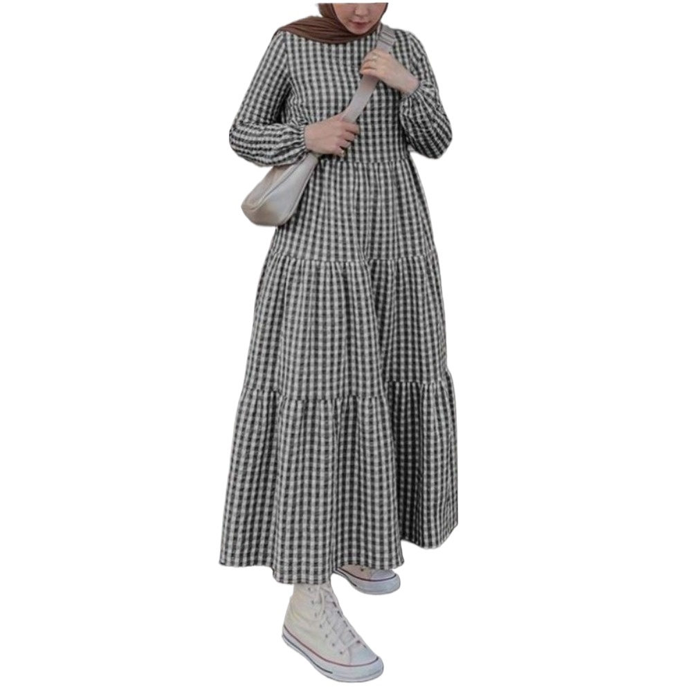 (1257) nouvelle robe musulmane à carreaux à manches bouffantes, belle et à la mode