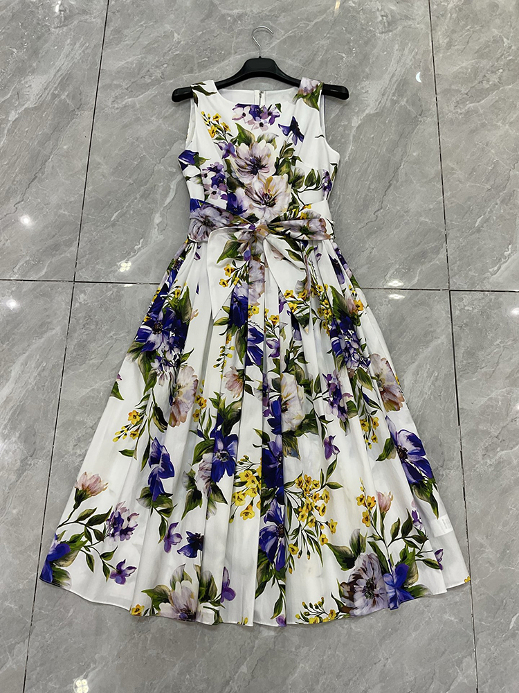 Women Party Holiday dress 100% Cotton Fashion Flower Printing Vestidos Tank Style Waist Sashes Lady Summer Sliming