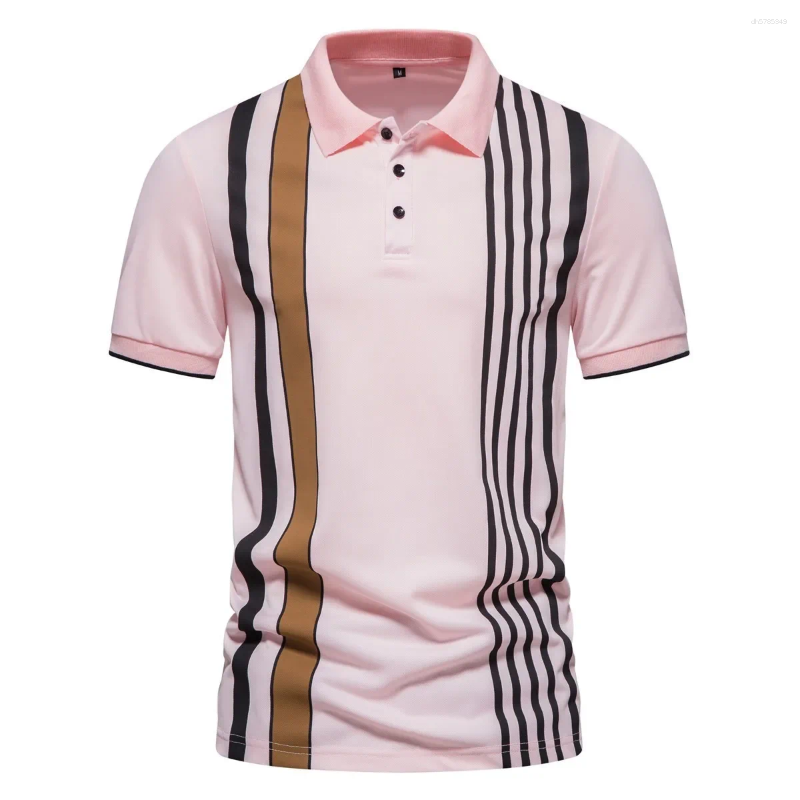 Men's Polos Summer British Polo Shirt With Striped Print Collar And Short Sleeved