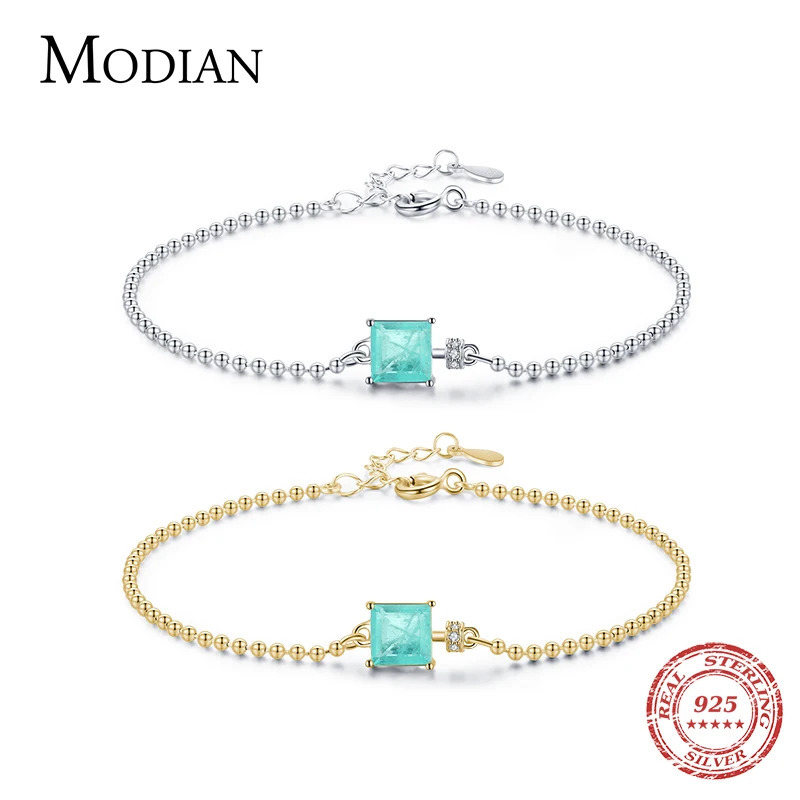 Modian 925 Sterling Silver y Square Tourmaline Beads Chain Bracelet For Women Paraiba Fine Statement Jewelry 260428BJ