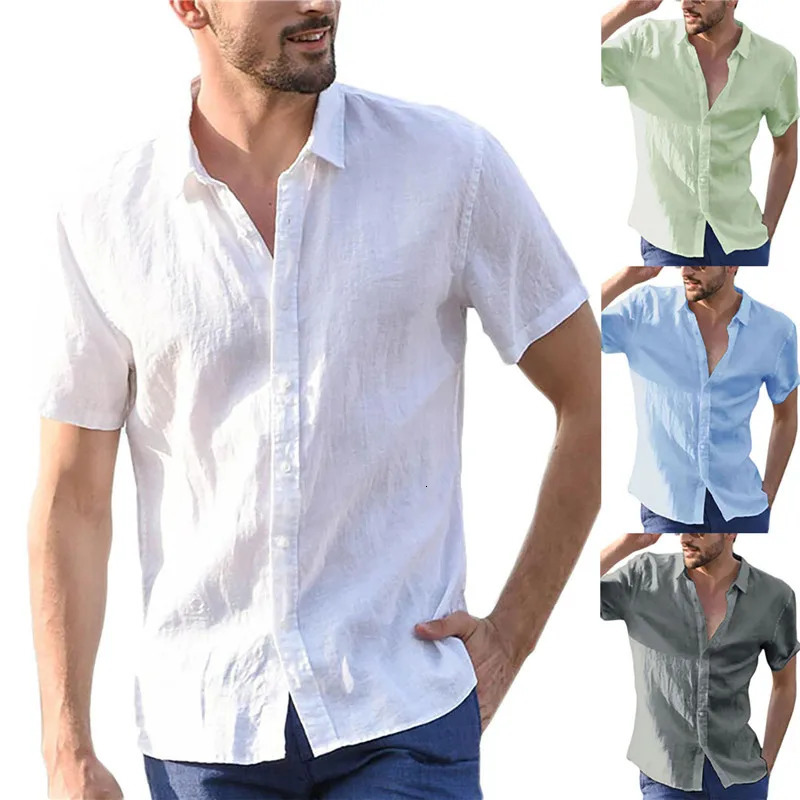 Summer Cotton Linen Shirts For Men Casual Short Sleeved Shirts Blouses Solid Turn-Down Collar Formal Beach Shirts Male Clothing 260428BJ