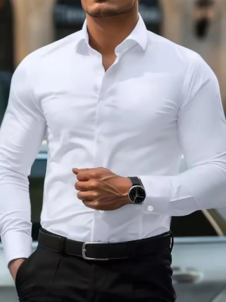 White mens Dress shirt without ironing business casual slim and slim black shirt solid color fashionable and high-quality 260428BJ