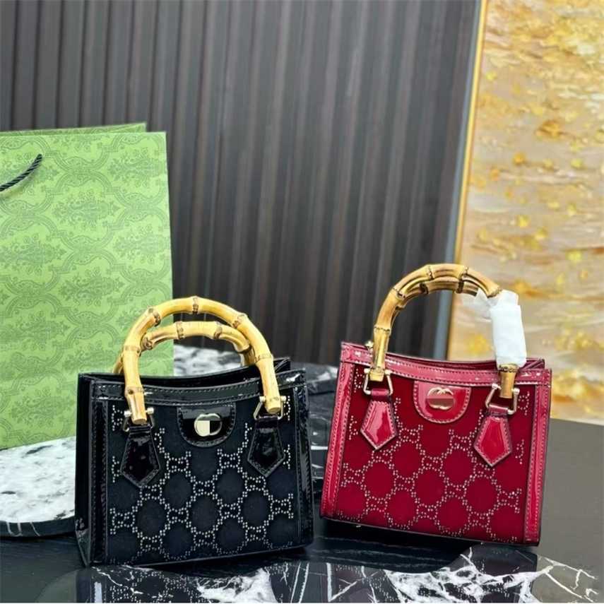 Designer Purse 2026 New Bamboo-Style Tote Bag Handbag In Wine Red And Black Patent Leather Full-Diamond Chain Bag Shoulder And Crossbody Bag Luxury