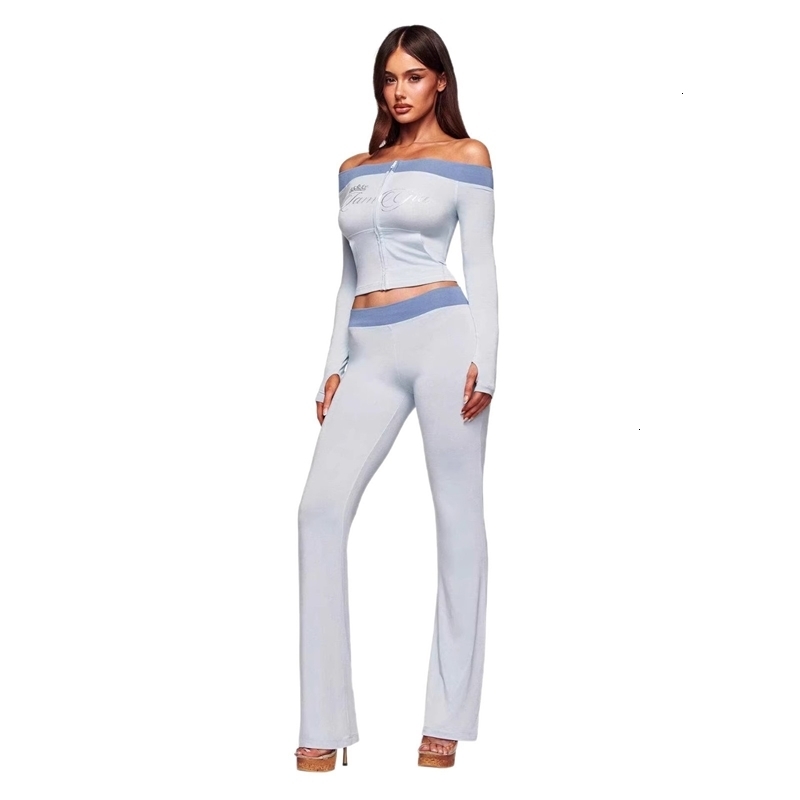 Womens Tracksuits Two Pieces Designer Spring Summer New Fashion Off Shoulder Letter Print Zipper Color Block Pants Set