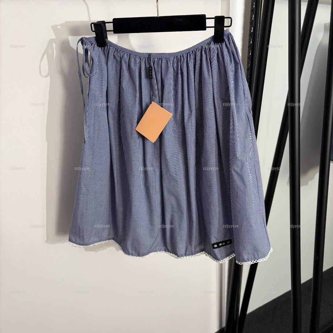 Brand stamp women dress Summer lady dresses women designer clothes letter lace border plaid short skirt A078X02N279-image-1103933145