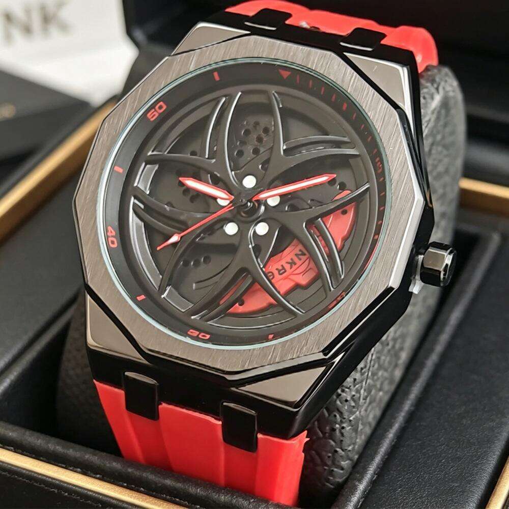 Car Wheel Rim Dial Quartz Watch , 3D Rotating Sport Wristwatch with Silicone Band, Waterproof Luminous Racing Style Timepiece for Car Enthusiasts Da