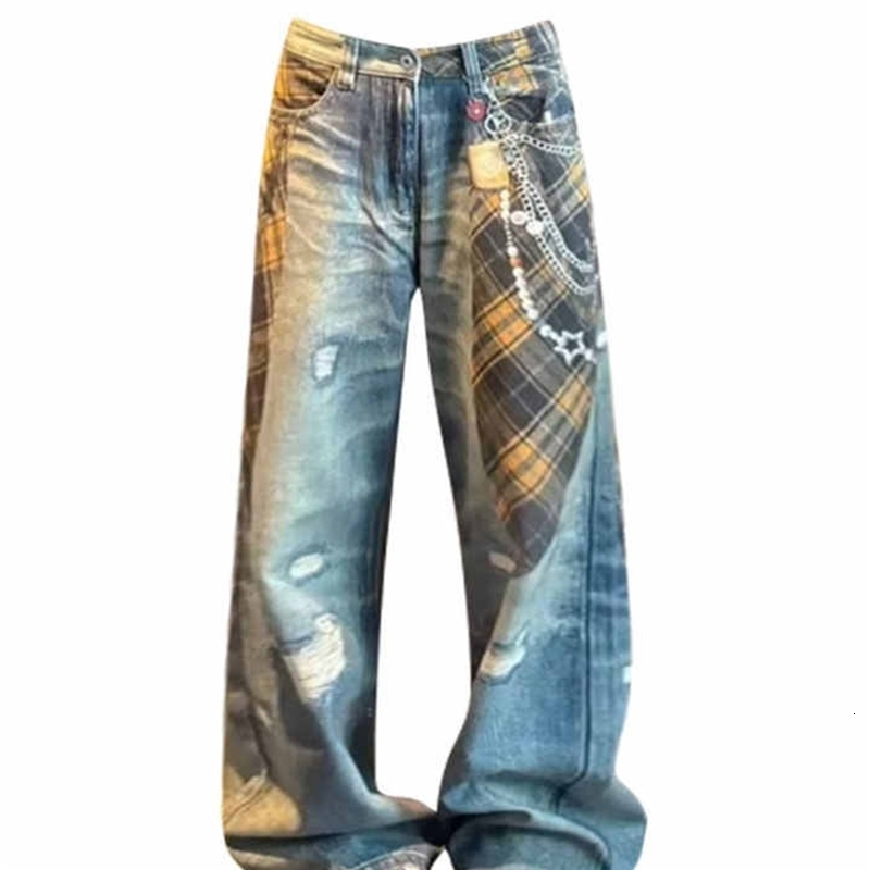 Womens Jeans Baggy Wide Fit Print Denim Pants Y2K American Retro Hip-pop Harajuku Cowboy Grunge High Street Chic Punk 260423BJ