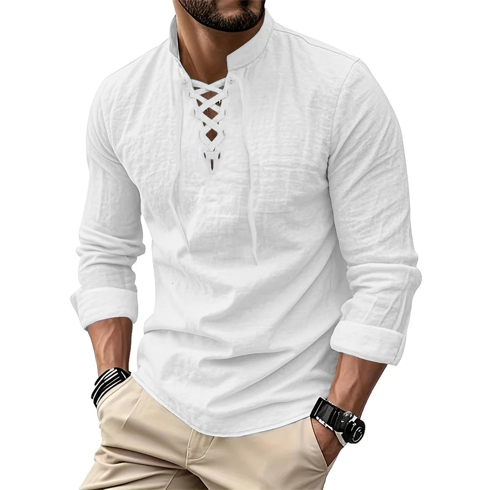 Mens Vintage V-neck T-shirt Cotton Linen Pirate Medieval Viking Gothic Tops Shirts Long Sleeved Cospaly Halloween Party Top 260428BJ