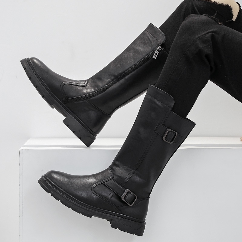 Size 38-46 Mens Fashionable High-Top Leather Boots Genuine Cowhide Shoes Side Zipper Thick-Sole Cowboy Boots for Everyday Wear 260427BJ