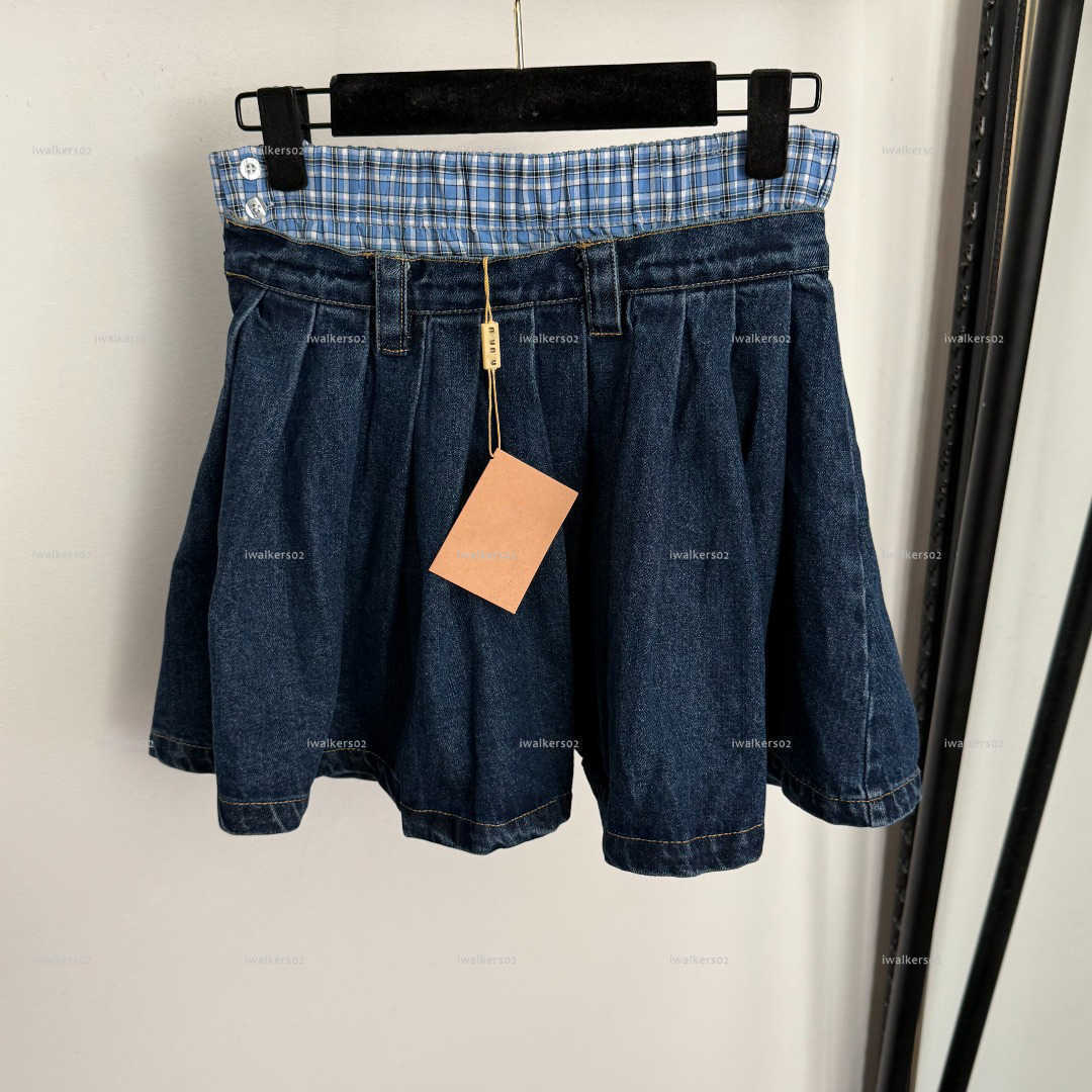 Classics British-style women dress Summer lady dresses women designer clothes grid splicing high waisted denim short skirt A078X02N050-image-1103937180