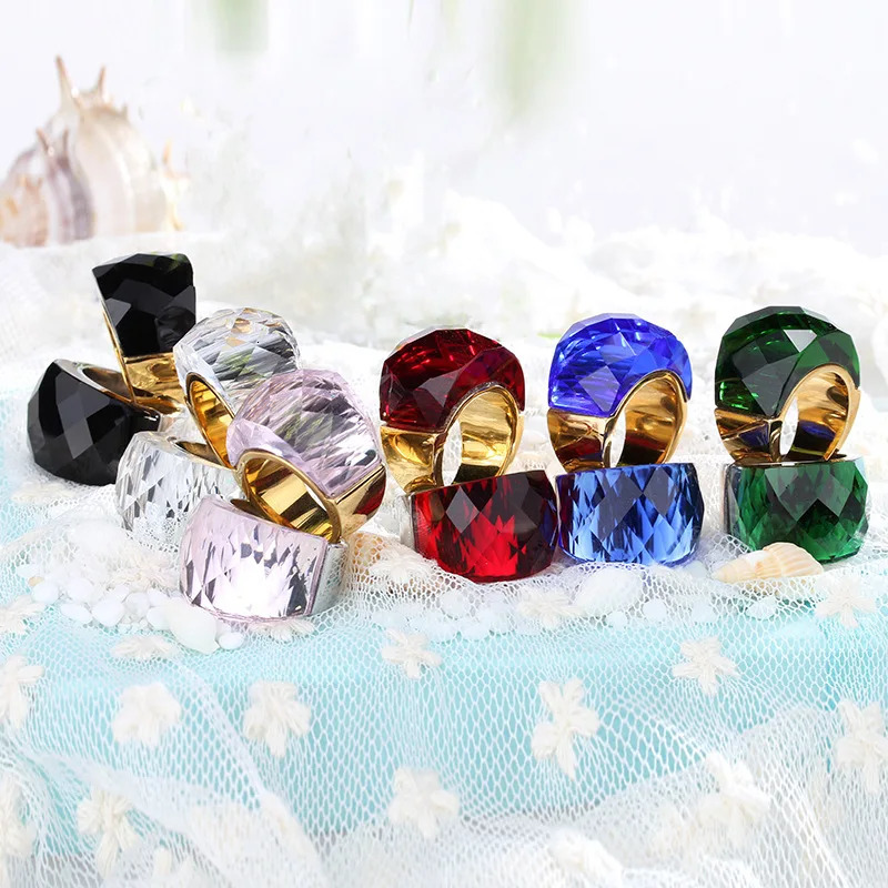 French Crystal Glass Stone Large Ring for Women Girl Gold Silver Color Stainless Steel Knuckle Ring Wedding Party Jewelry y 260428BJ