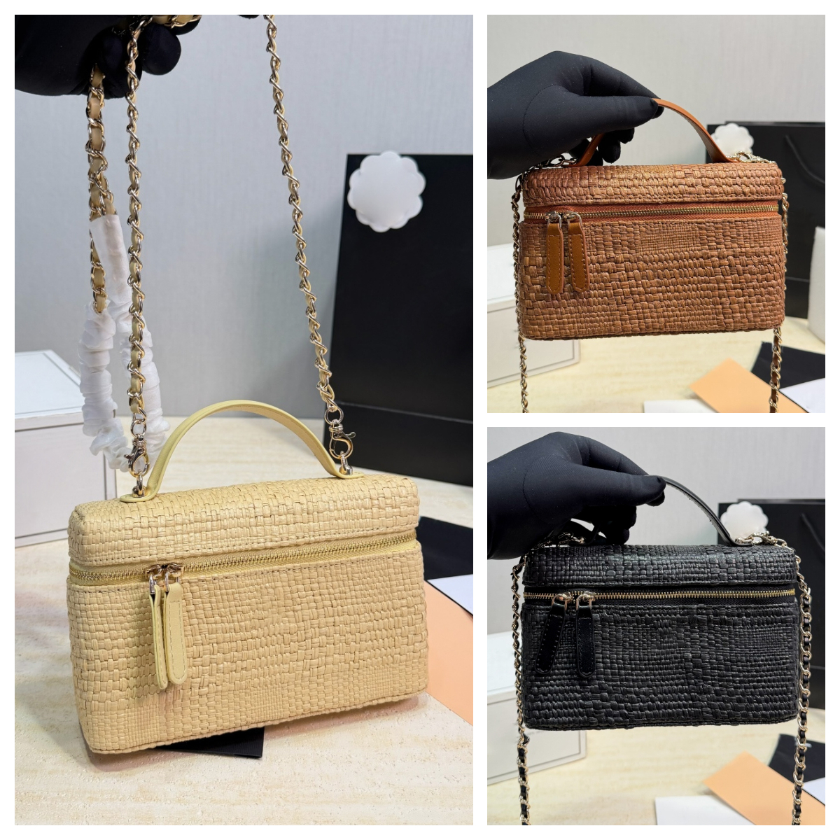 Designer bag Raffia Woven Vanity Case Straw Box bag Chain Shoulder Crossbody Makeup Bag Summer Luxury Mini Straw Cosmetic Case for Beach Vacation Wi