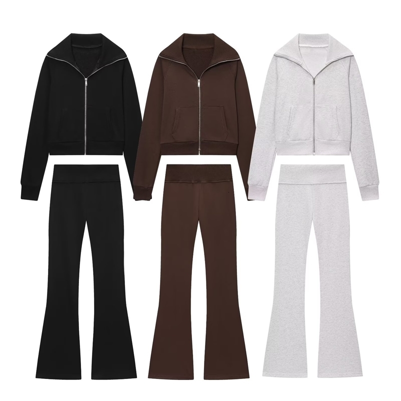 Autumn Womens Casual Lapel Long-Sleeved Zipper Fleece Jacket High-Waisted Terry Flared Trousers 260420