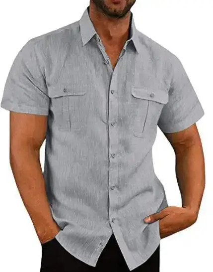 Cotton Linen Men Short-Sleeved Shirts Summer Solid Color Comfort Collar Casual Beach Style Plus SizeMale Shirts M-4XL 260428BJ