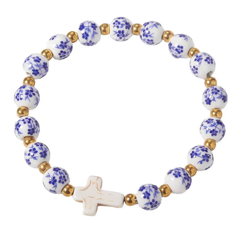 Chapelet religieux catholique en céramique, perles florales, Bracelet croisé unisexe, porcelaine bleue et blanche, perle dorée, cadeau élastique,