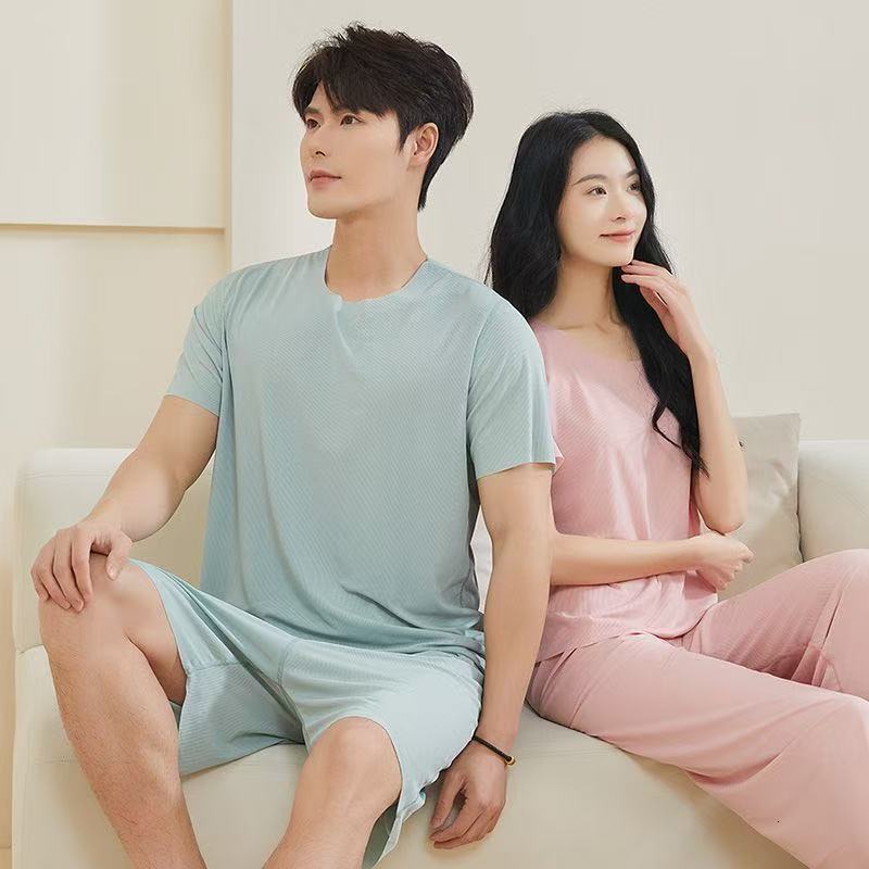 Carefully selected loose-fitting couple's loungewear pajamas: thin long-sleeved pajamas women and short-sleeved shorts for men-image-1103894447