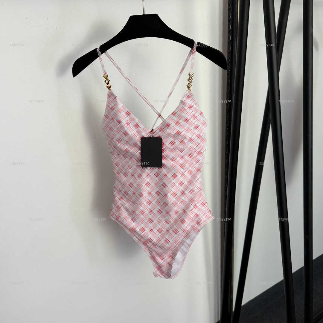 Brand conjoined women swimsuit summer lady bikini women designer clothes Printed cross exposed suspender chest pad suspender one-piece swimwear A-image-1103904366