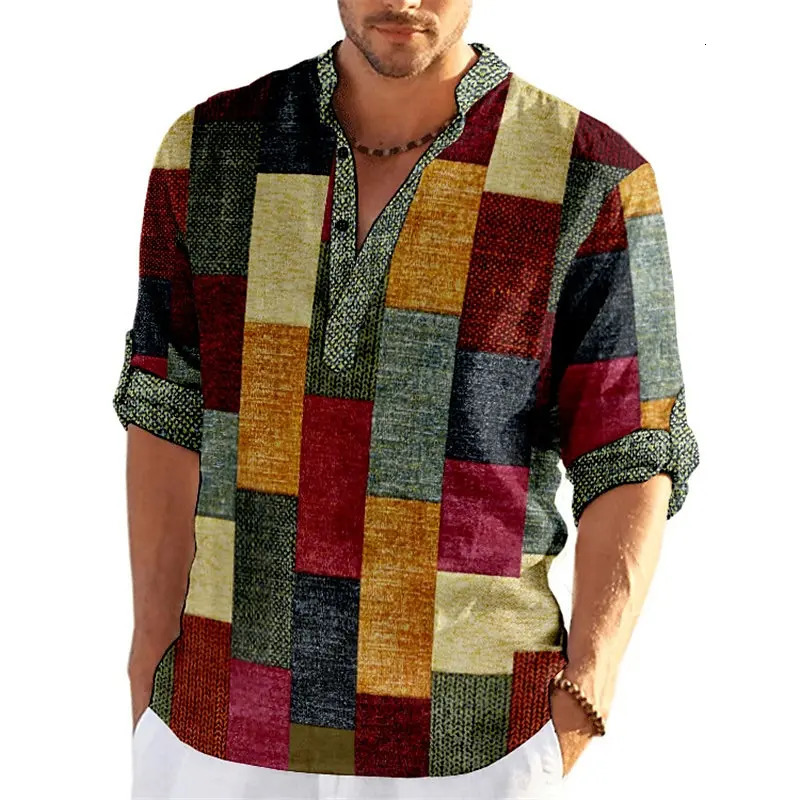 Patchwork 3D Print Color Block Henley Shirts Mens Fashion Vintage Stand Collar Long Sleeve Shirt Male Tops Blouse Man Clothing 260428BJ
