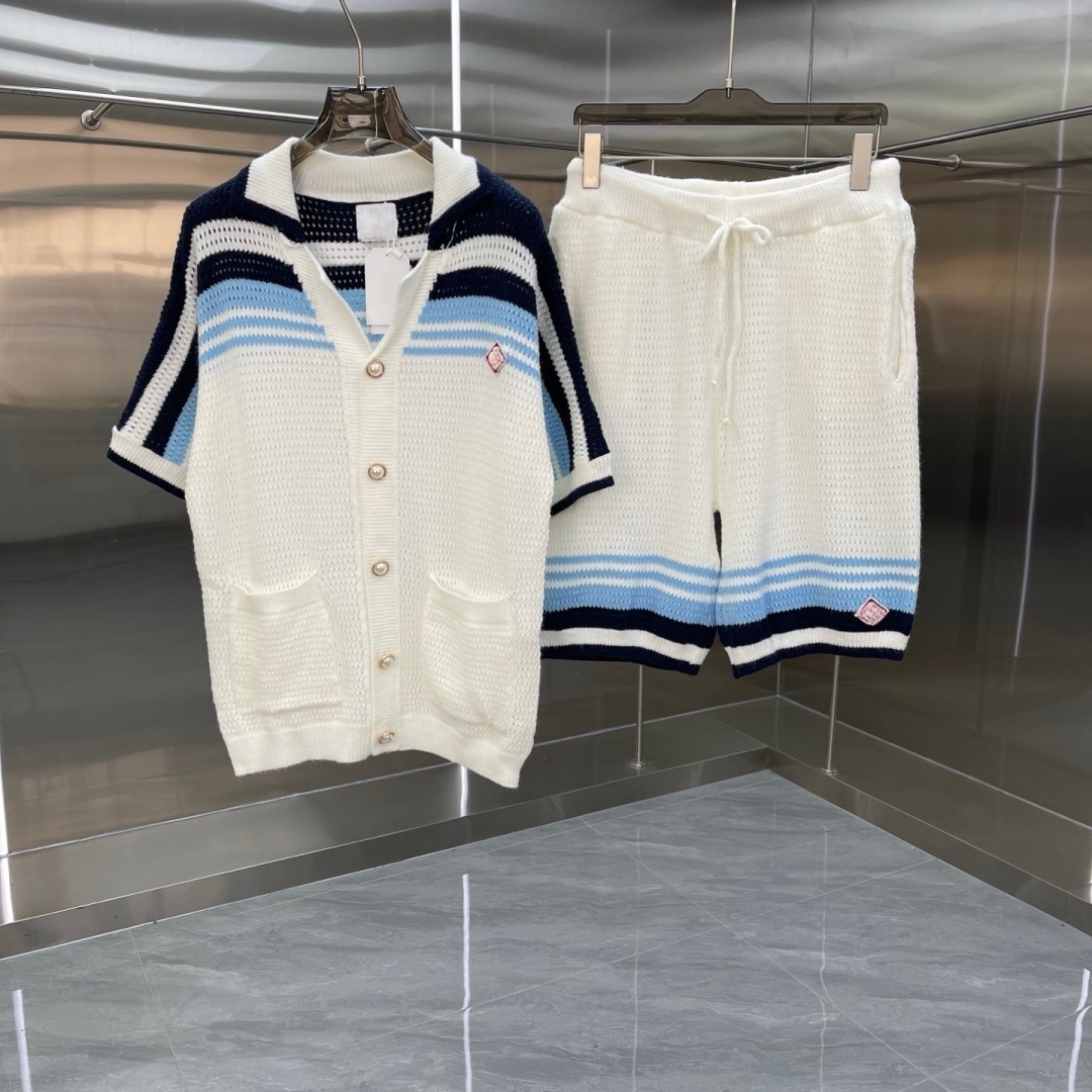 Sweater top short tshirt Spring and summer new color-blocked striped woven knitted short-sleeved set sweater men women loose button up shirt hawaiia